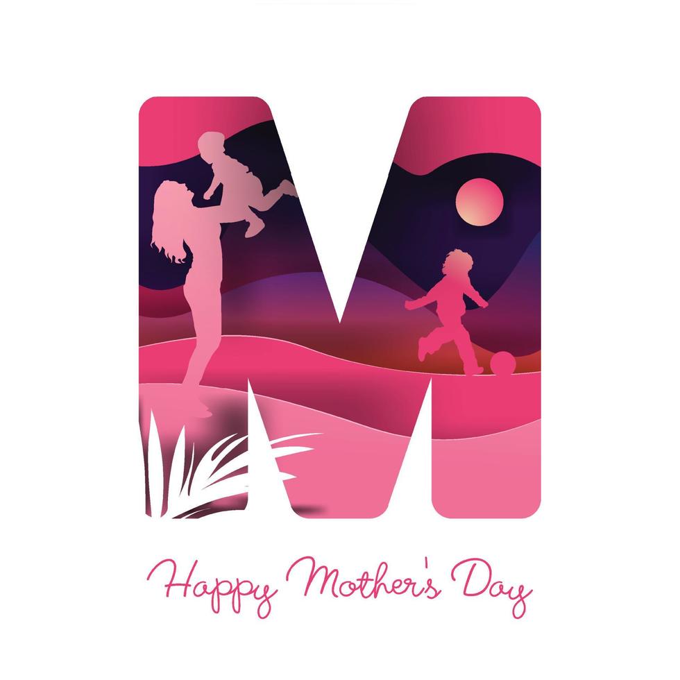 Mother's day greeting banner, Paper cut letter M shape on red backdrop. Woman and baby silhouettes vector