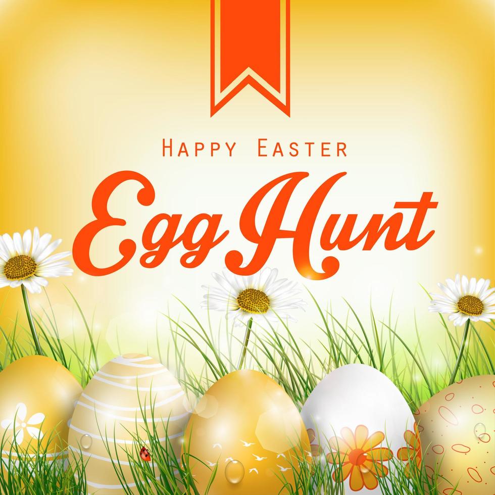 Beautiful Easter Background with flowers and colored eggs in the grass vector