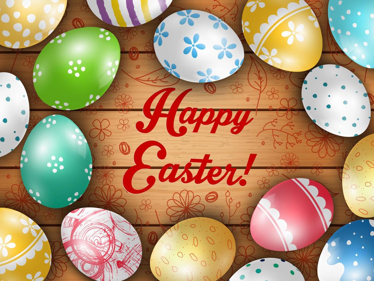 Easter greeting card with color eggs on a wooden background.Vector vector