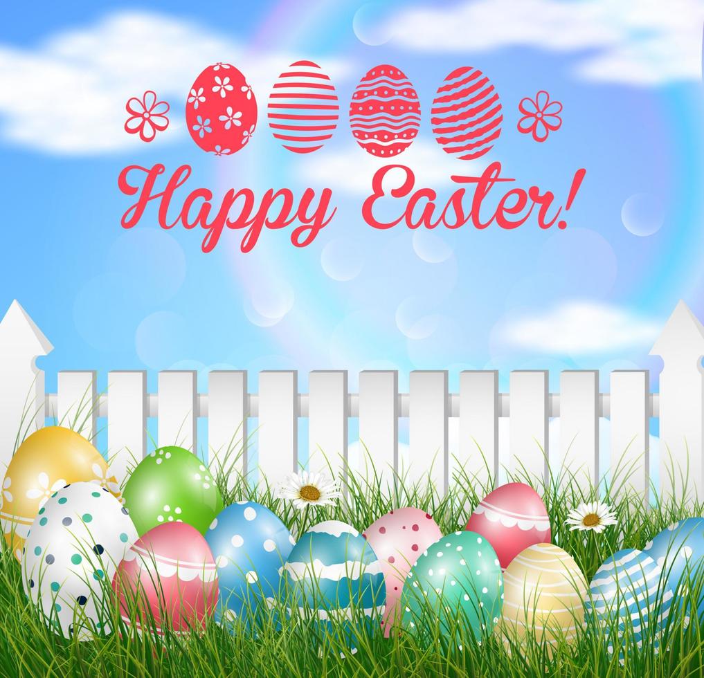 Easter eggs on a grass field with flower on wooden white fence background vector