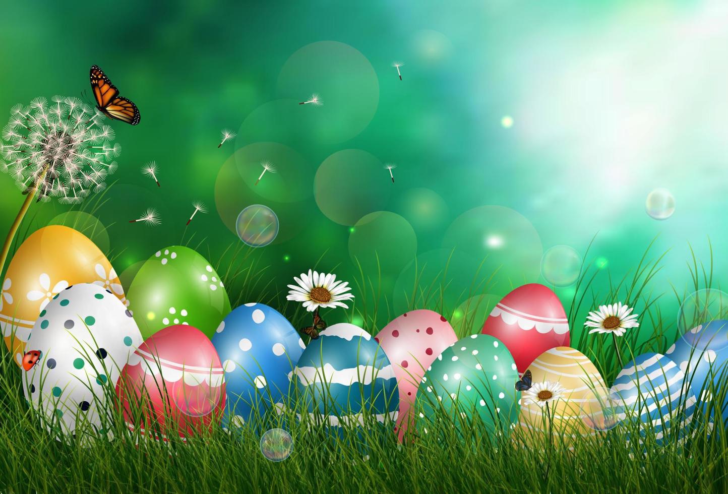 Easter eggs in meadow with sun rays on green background vector
