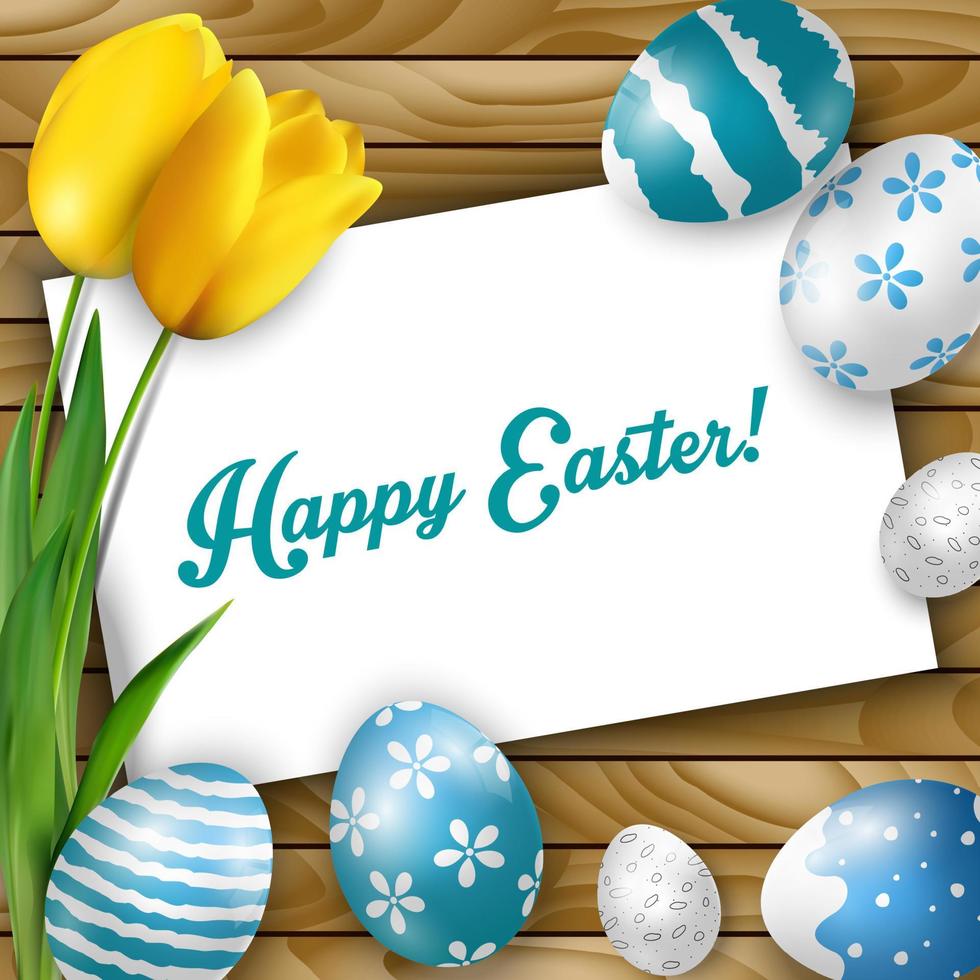 Easter background with colored eggs, yellow tulips and greeting card over white wood vector