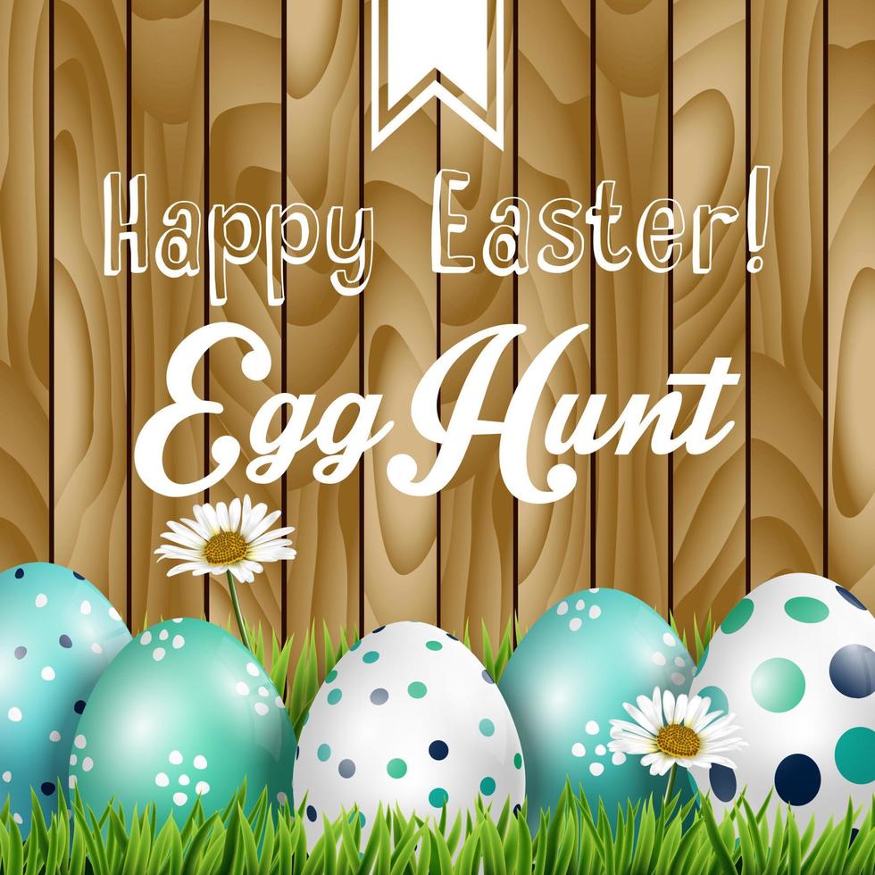 Easter greeting, flowers and colored eggs in the grass on the wood background.Vector vector