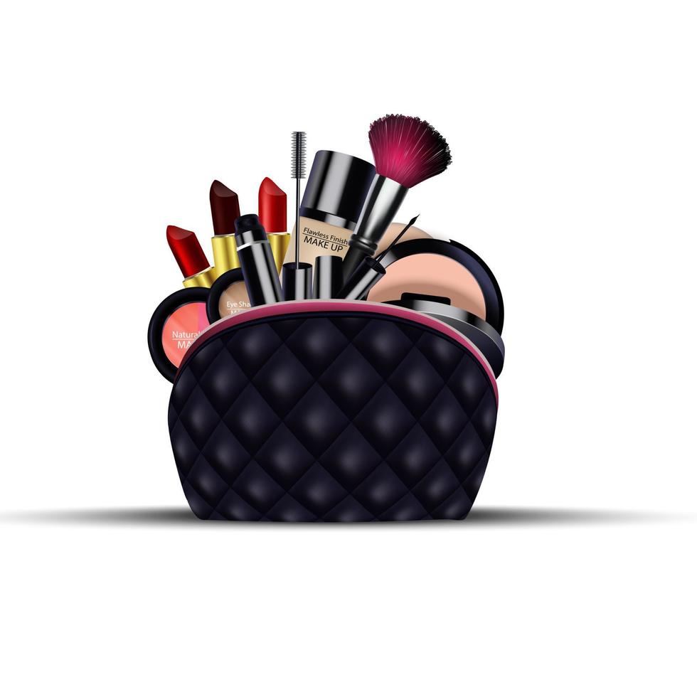 Set of cosmetics with black bag on isolated background.vector vector