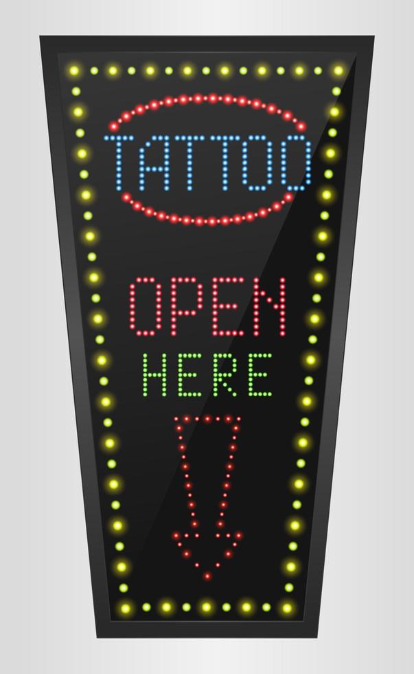 Shining retro light banner tattoo open here on a black background.vector vector