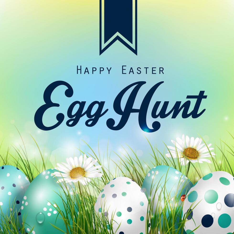 Beautiful Easter blue green Background with flowers and colorful eggs in the grass vector