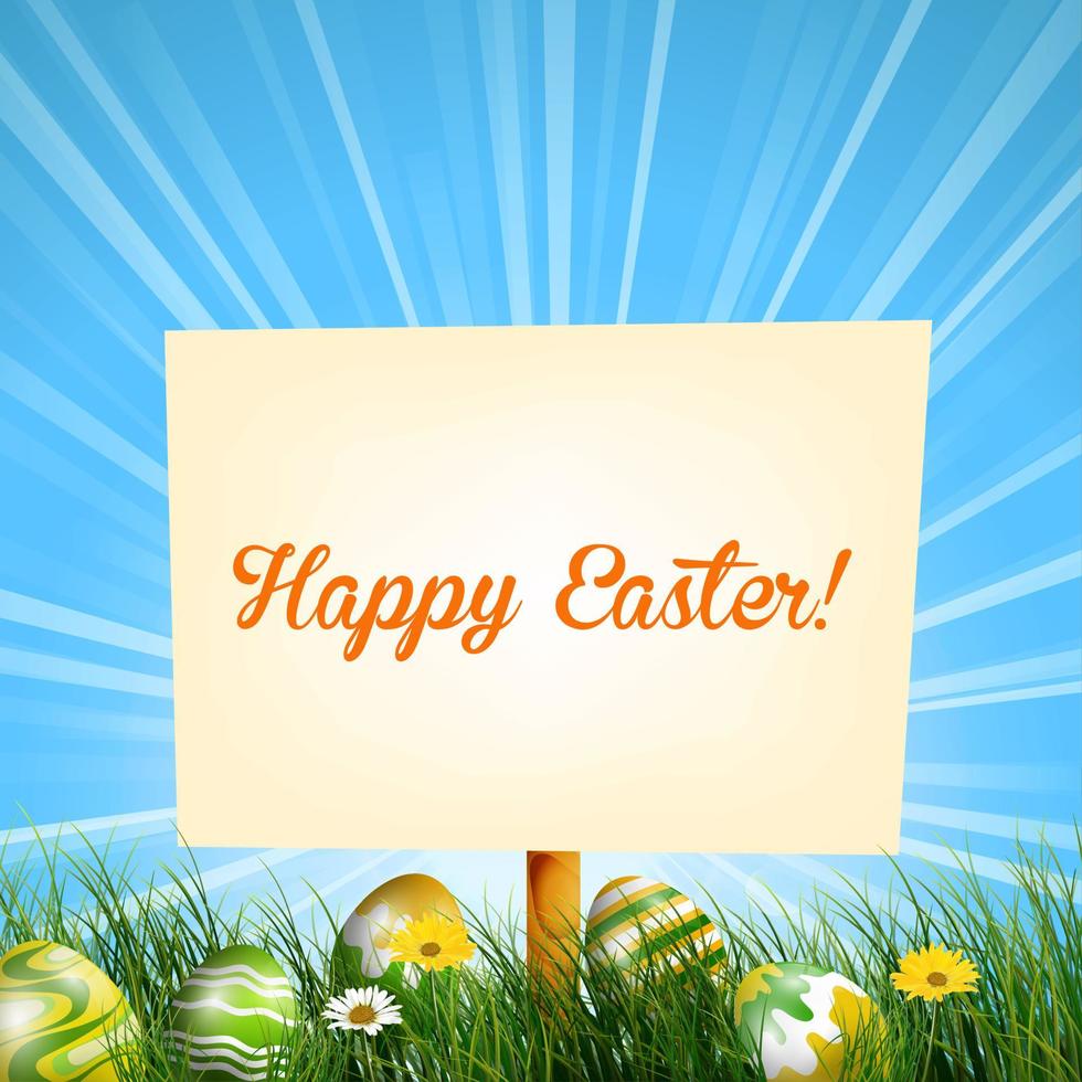 Easter sign background in meadow with sun rays and Easter eggs in the grass.Vector vector