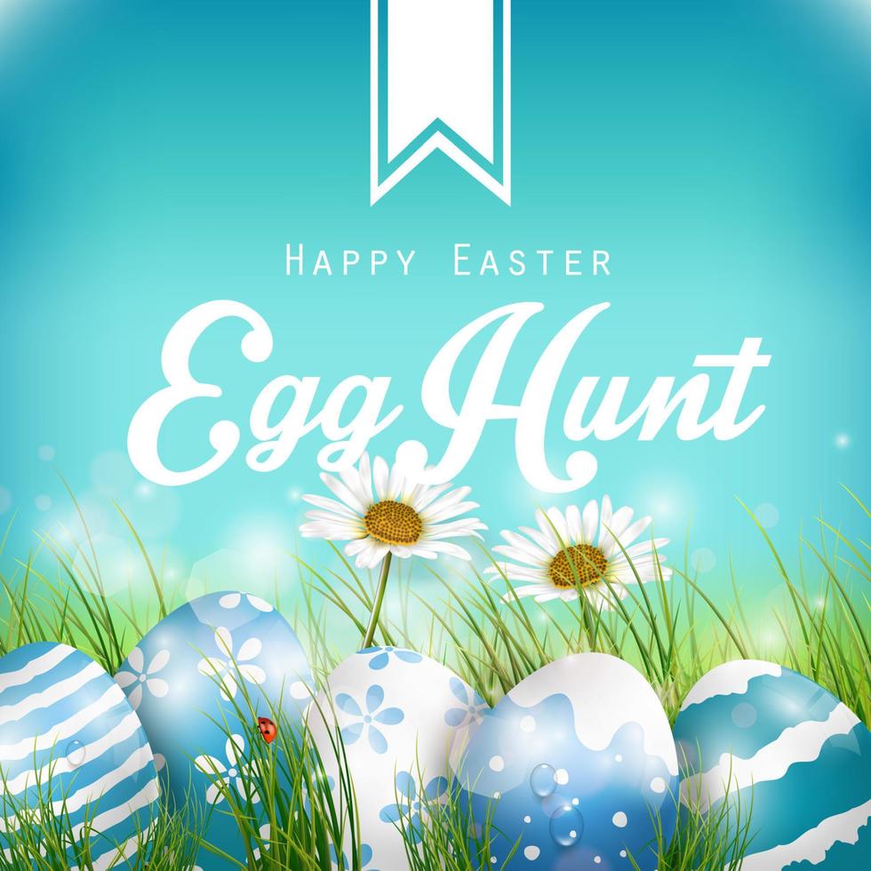 Beautiful Easter Blue Background with flowers and colored eggs in the grass.Vector vector