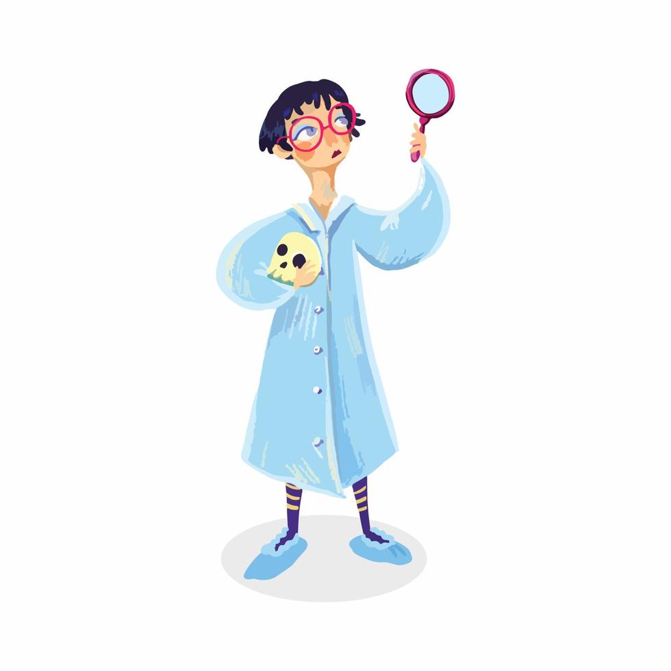 A female anthropologist with a magnifying glass and a human skull in cartoon style vector