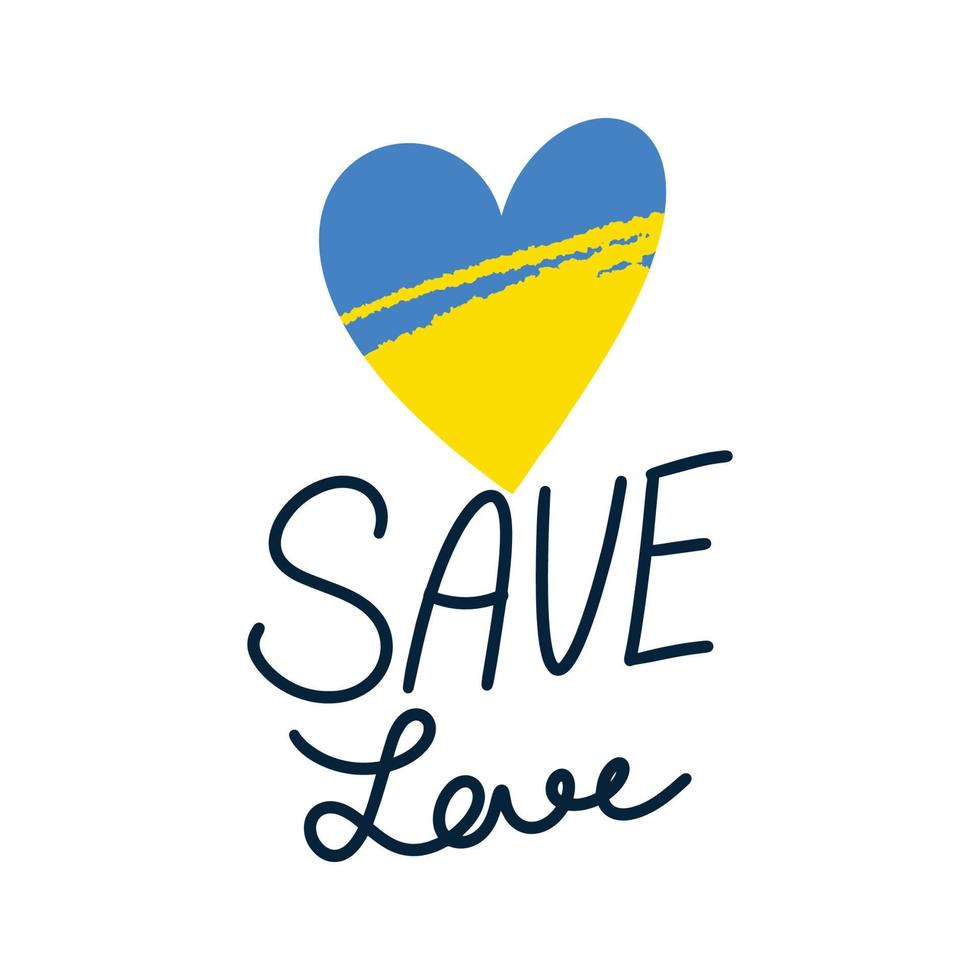 Heart-shaped stickers in the colors of the Ukrainian flag with the inscriptions save love vector