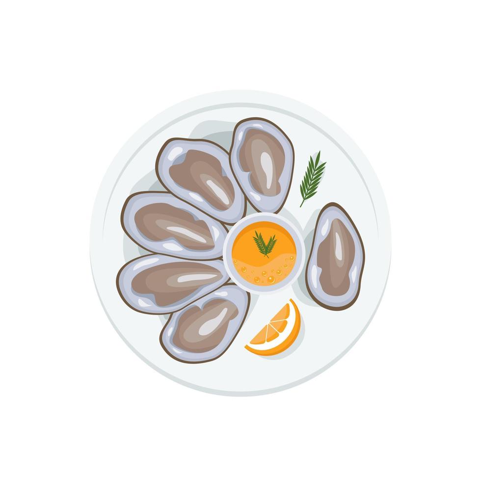 International Oyster Day. Clams in shell, open oysters on plate with sauce. Seafood menu. Mediterranean cuisine vector