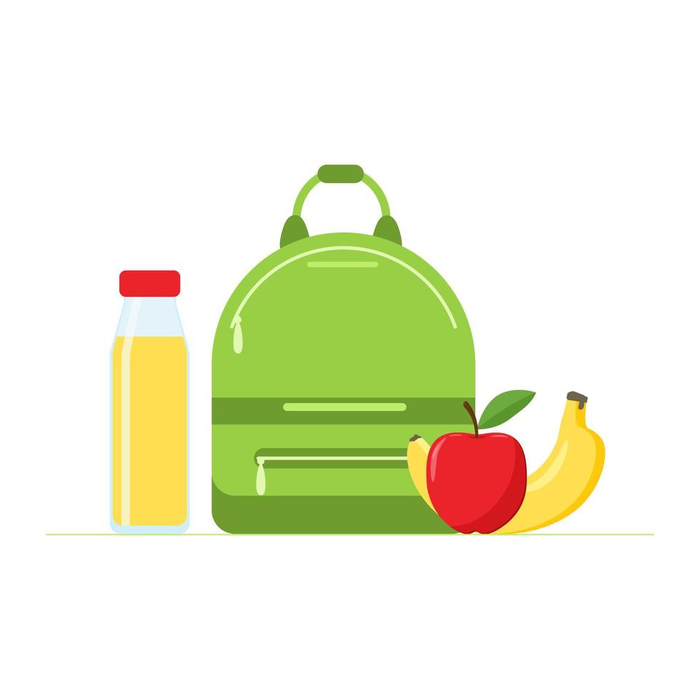 School breakfast. Juicy apple, banana, drink in bottle, and school backpack. Healthy school meals for children and students vector