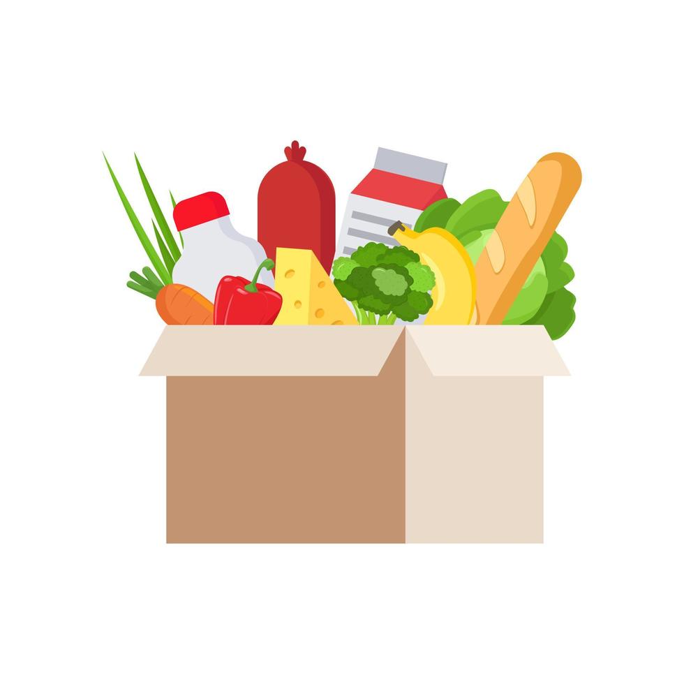 Fresh food in cardboard box, isolated, white background. Cardboard box with food, fruit and drinks. Various food and beverages. Fruits, vegetables, ham, cheese, bread, milk vector