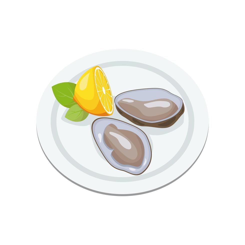 International Oyster Day. Clams in shell, open oysters on plate with lemon. Seafood menu vector