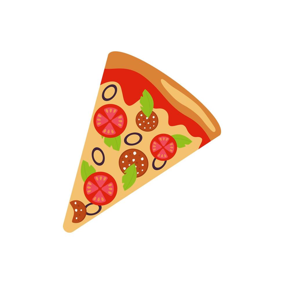 rebanada de pizza con tomates, lechuga, salchichas, queso y aceitunas, icono aislado en fondo blanco. concepto de comida callejera. plantilla de color para cafés, restaurantes vector