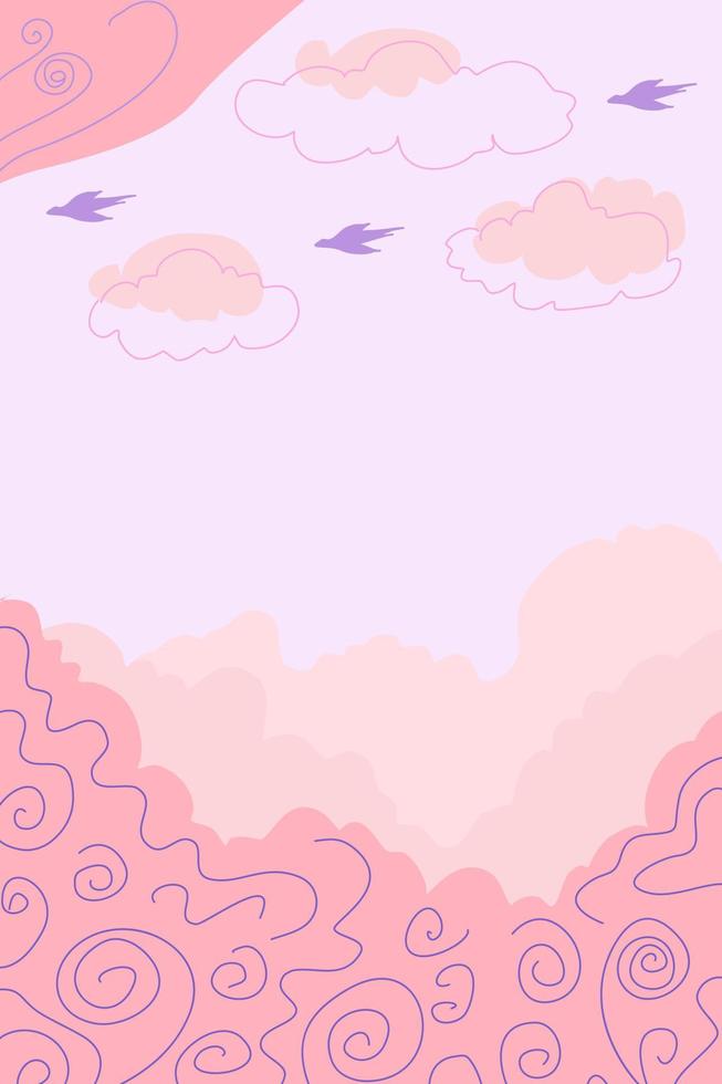 Abstract background with pink clouds and birds. vector