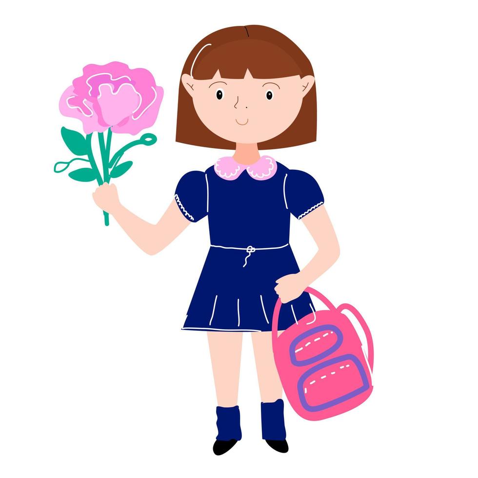 A schoolgirl girl with flowers and a satchel. vector