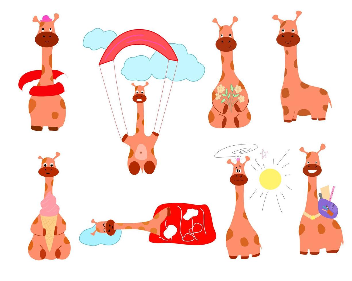 un conjunto de jirafas divertidas para niños. vector