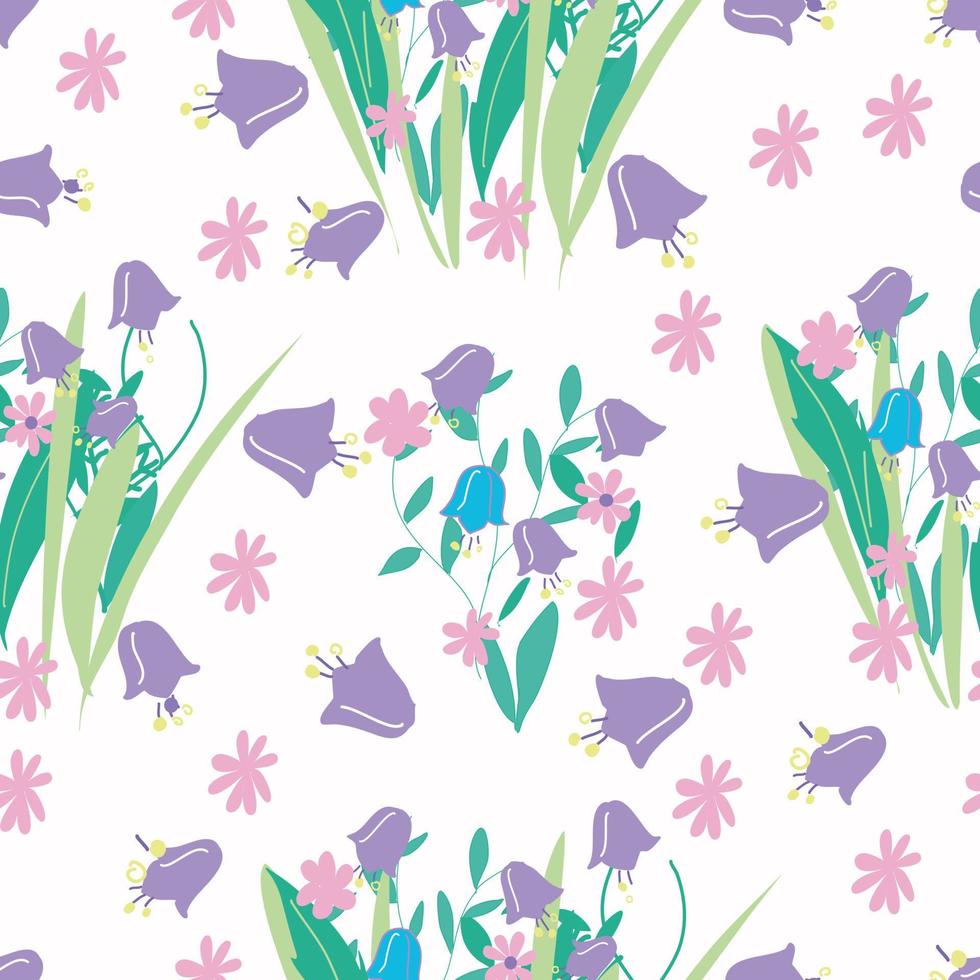 Seamless pattern with bluebells and daisies flowers. vector