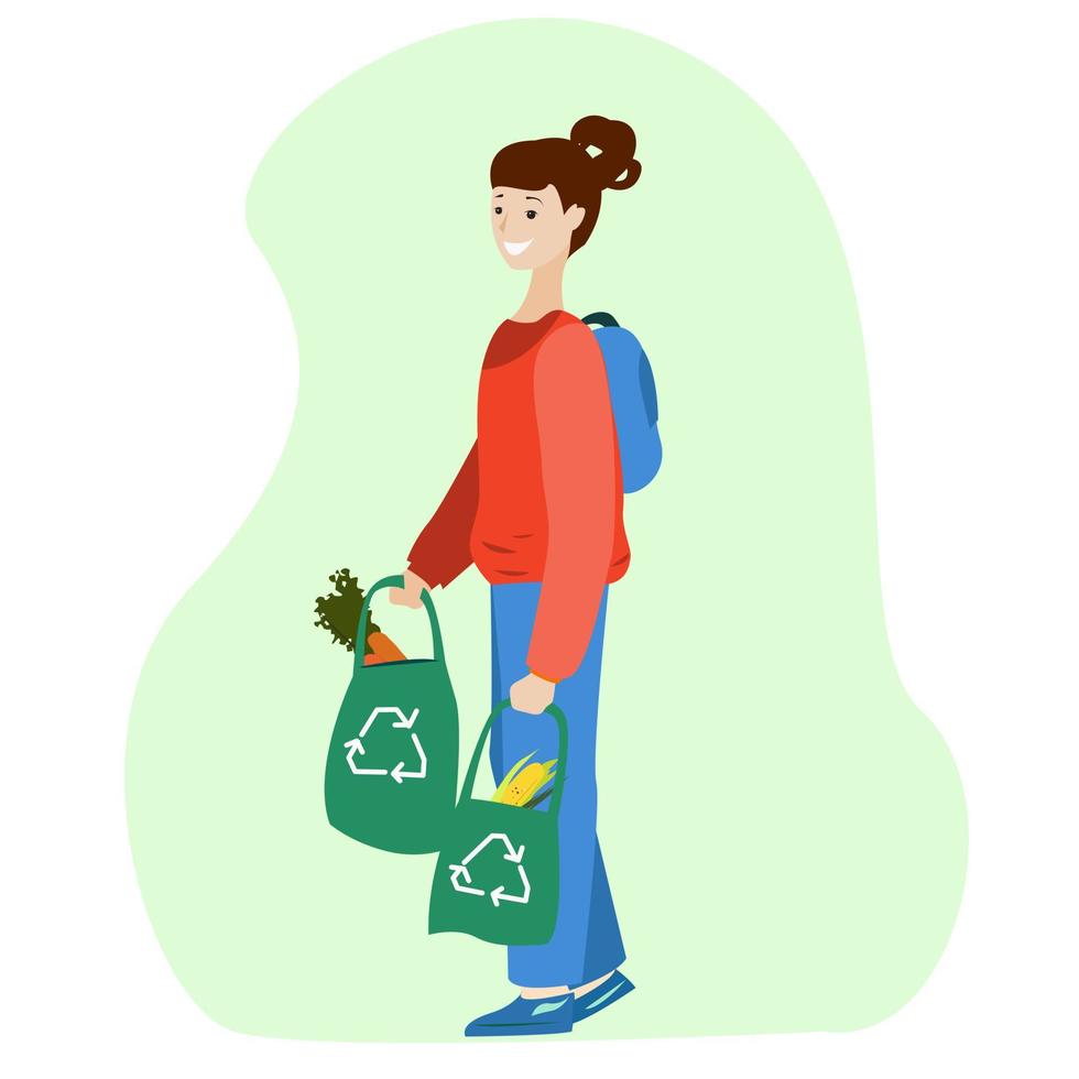A woman with eco-bags walks from a grocery store. vector