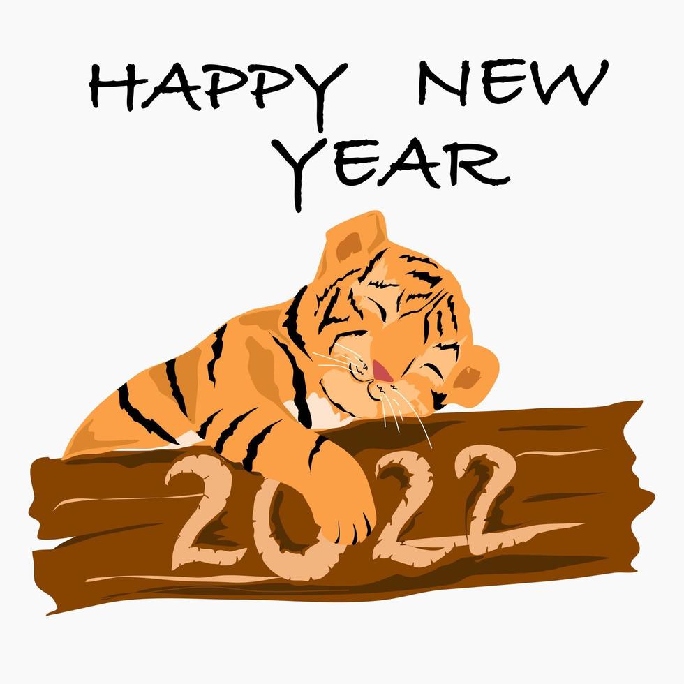 The tiger cub lies on a tree and the inscription Happy New Year. vector