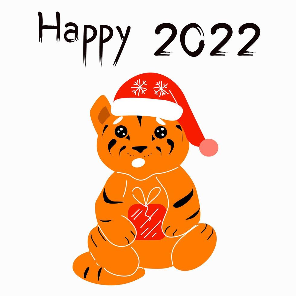Tiger in a hat and the inscription Happy 2022 vector