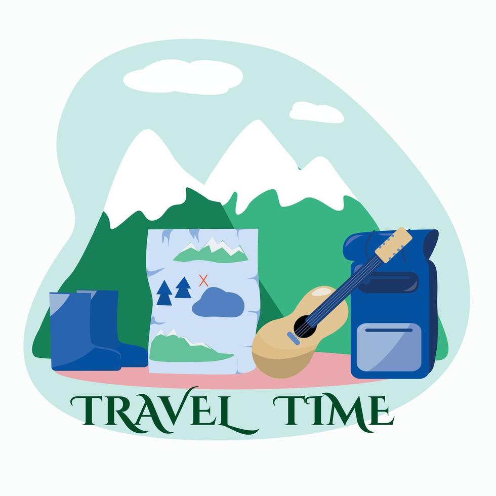 A banner with the inscription time to travel and a backpack and a map. vector