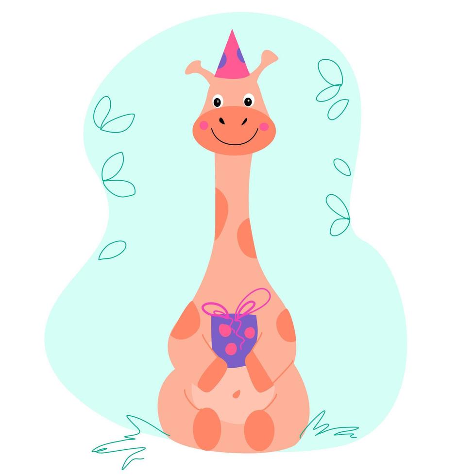 The giraffe in the cap smiles and holds the gift. vector