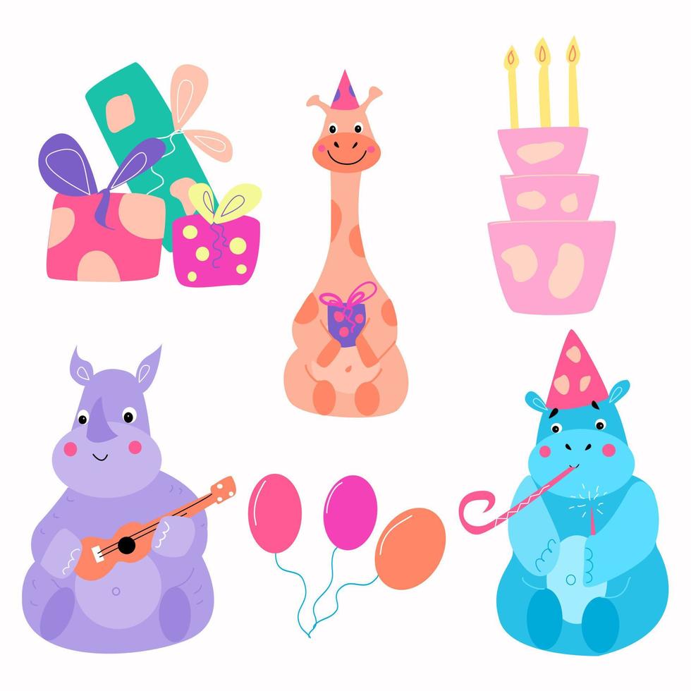un conjunto de personajes y elementos para el cumpleaños de una jirafa, hipopótamo y rinoceronte vector