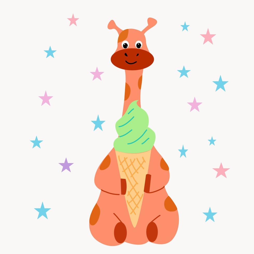 Giraffe sits and eats ice cream. vector