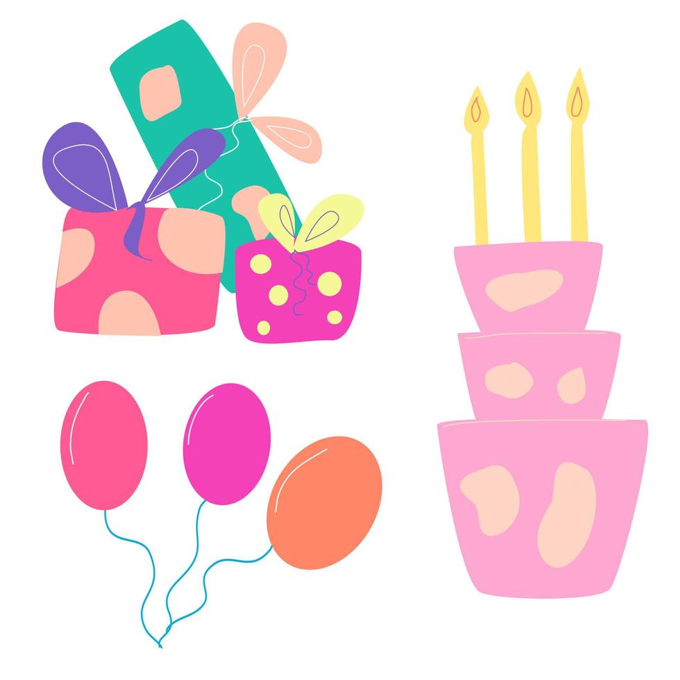 un conjunto de elementos para las vacaciones con regalos de pastel y globos. vector