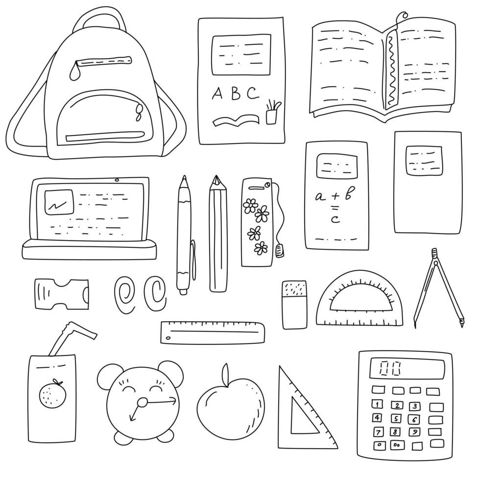 A set of school items with a satchel, books, and office supplies. vector