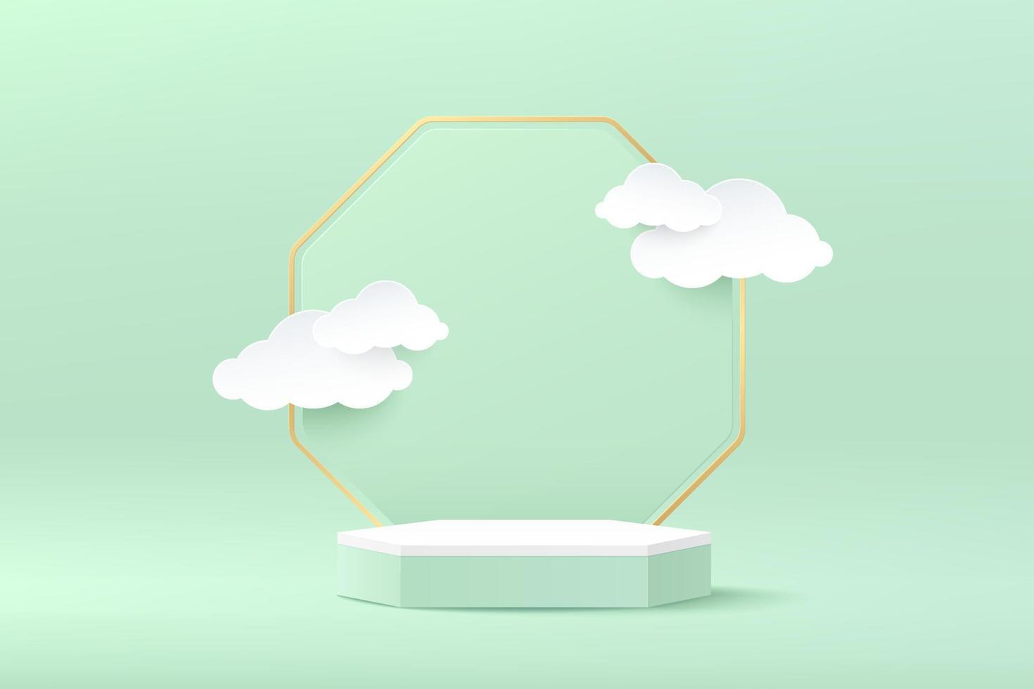 White hexagon pedestal podium. Minimal wall scene pastel color with gold and green backdrop. Cloud shape papercut style. Vector rendering 3d shape, Product display presentation. Abstract background.