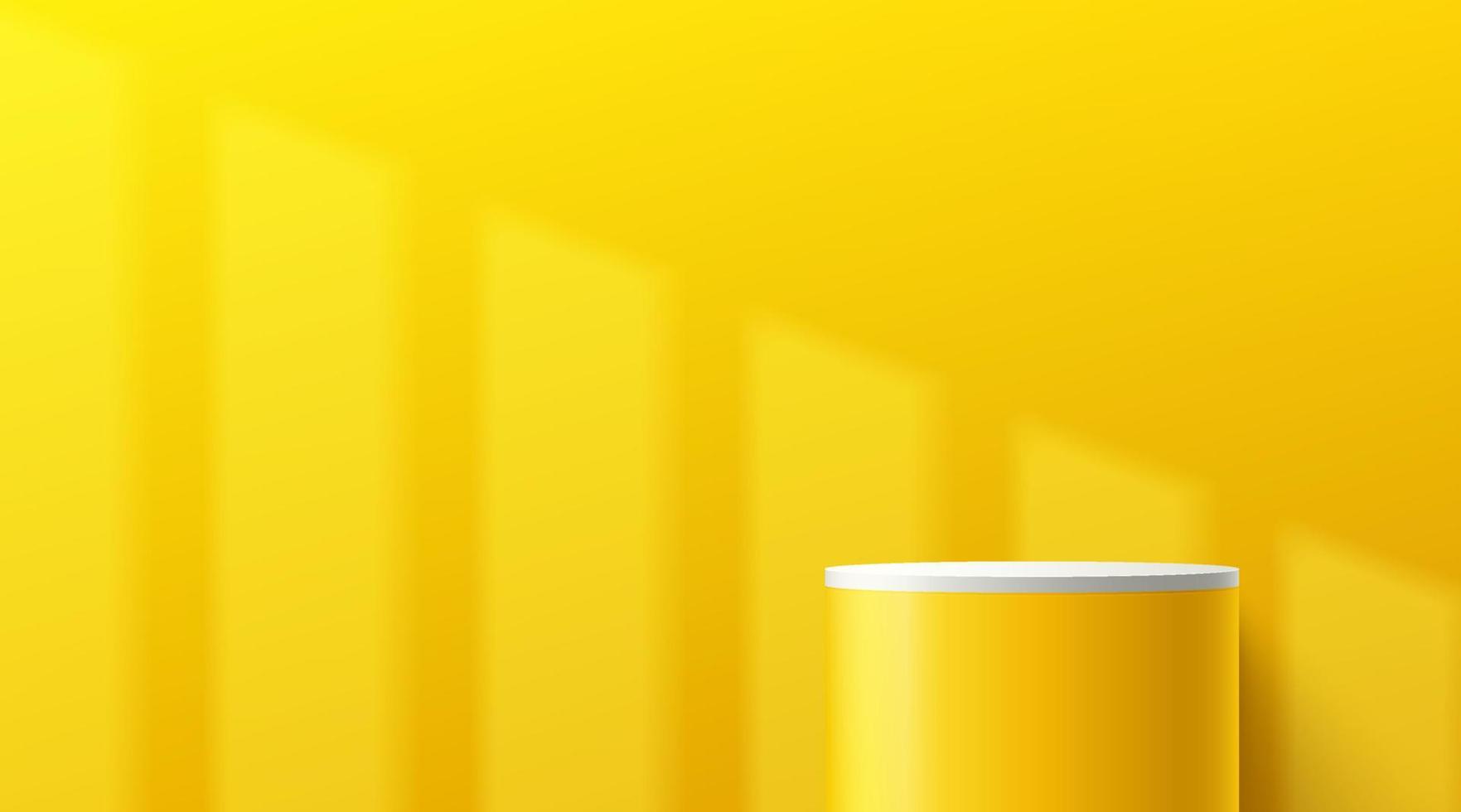 podio de plataforma de cilindro blanco y amarillo abstracto. iluminación de ventanas escena de pared mínima de color amarillo brillante. representación vectorial de forma 3d para la presentación de productos. pedestal geométrico con sombra. eps10 vector