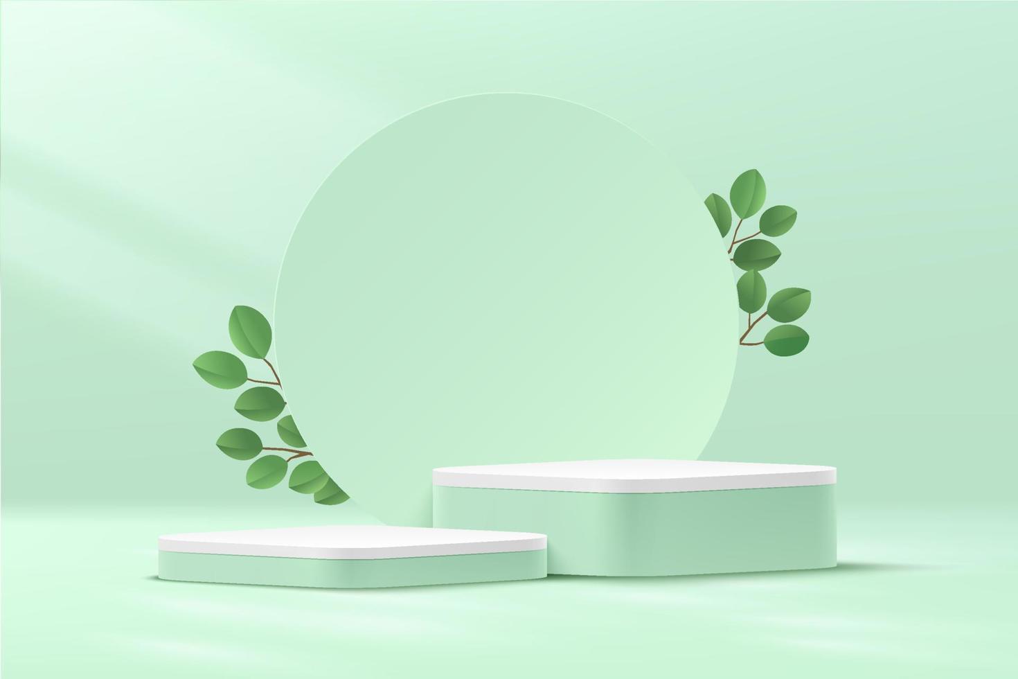 Abstract green and white round corner cube platform podium. Circle backdrop and green leaf. Pastel light green minimal wall scene. Vector rendering 3d shape for cosmetic product display presentation.