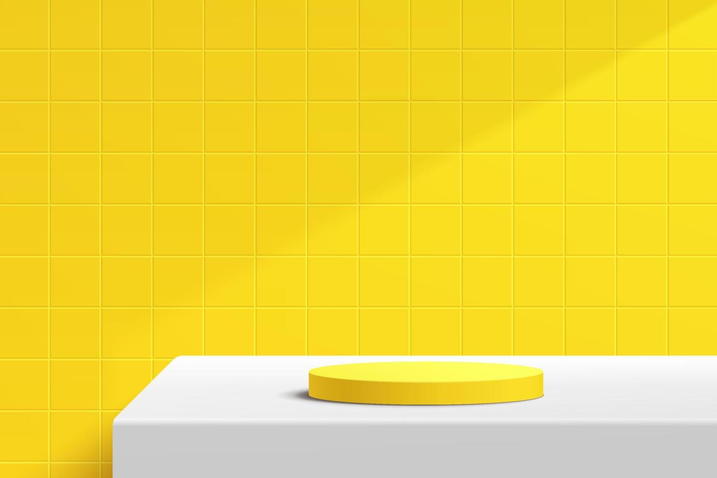 Abstract 3D white cylinder pedestal podium on the white table with yellow square tile texture wall scene. Vector rendering minimal geometric platform design in shadow for product display presentation.