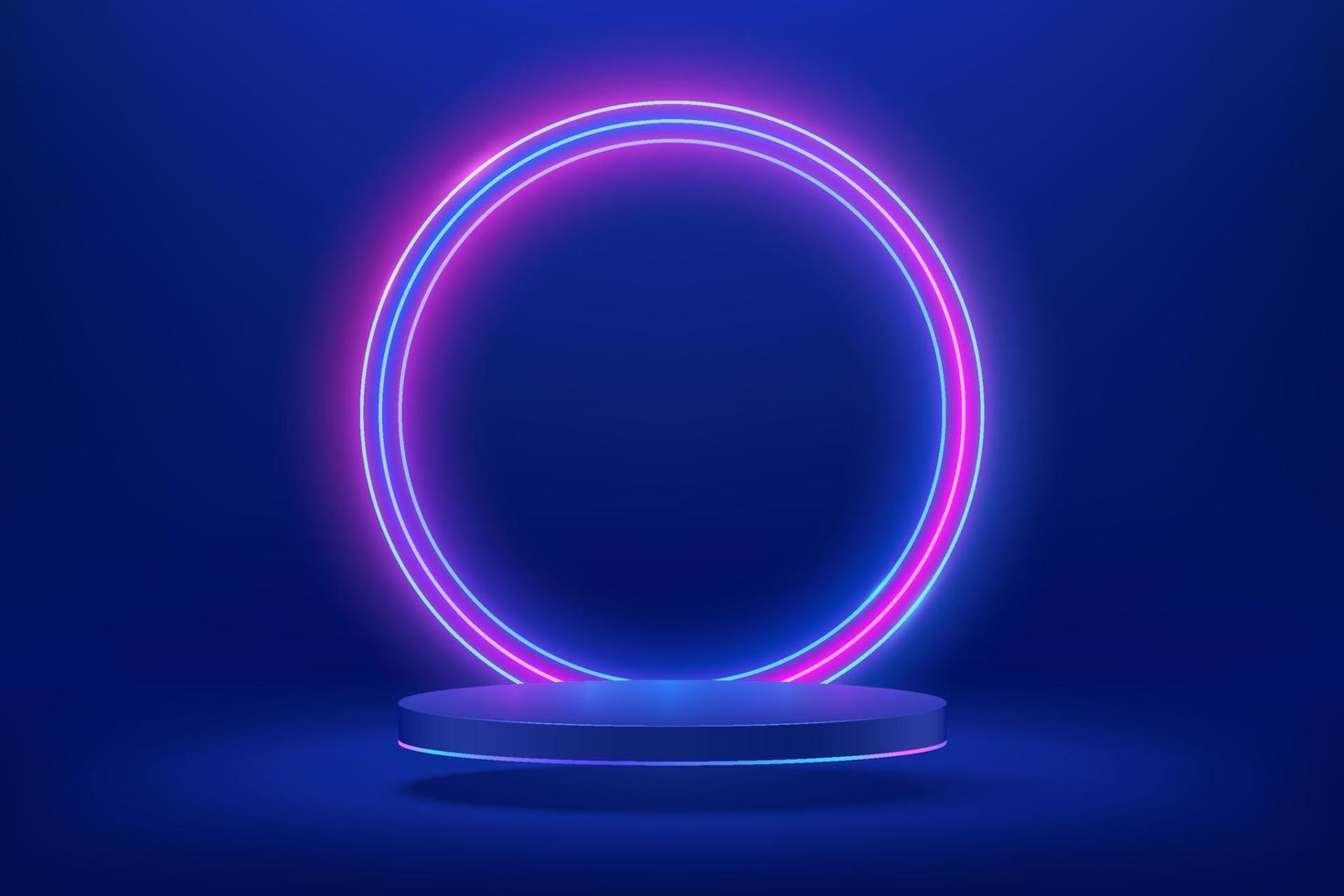 Abstract shiny blue cylinder pedestal podium. Sci-fi blue abstract room concept with circle glowing neon lighting. Vector rendering 3d shape, Product display presentation. Futuristic wall scene.