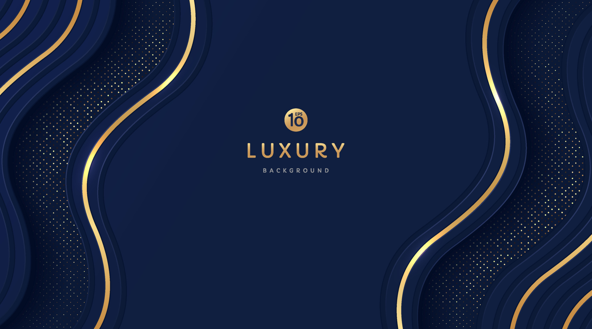 Abstract dark navy blue and gold curve wavy shapes on background with