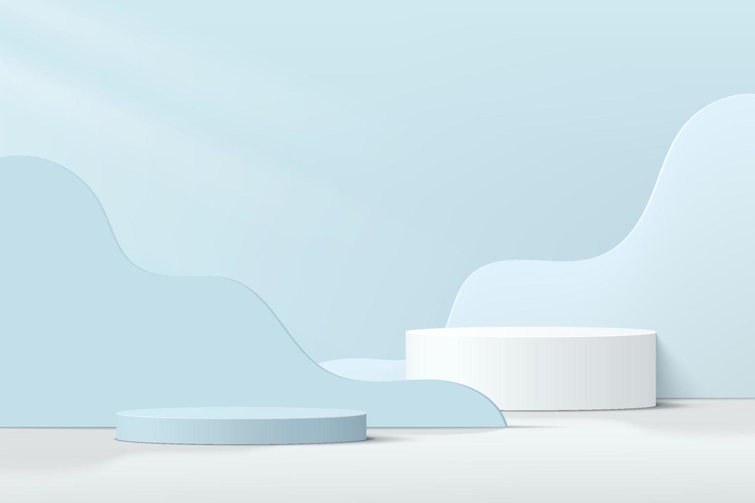Abstract 3D white, blue cylinder pedestal podium with light blue layered wavy shape backdrop. Pastel blue minimal wall scene for product display presentation. Vector geometric rendering platform.