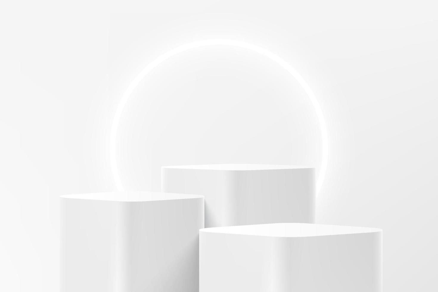 escalones blancos 3d abstractos pedestal de cubo de esquina redonda o podio de pie con fondo de anillo de neón brillante. escena de pared mínima blanca para la presentación de productos. plataforma de representación geométrica vectorial. vector