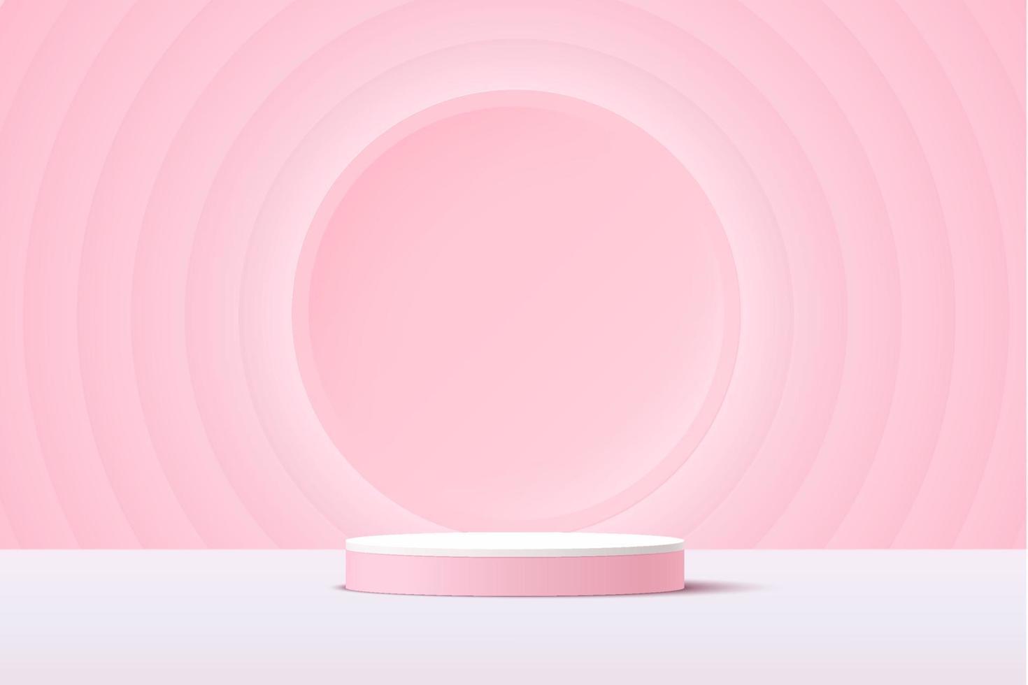 Abstract white and pink 3D cylinder pedestal podium with glowing light pink circle backdrop. Sweet pink circle pattern scene for product display presentation. Vector geometric rendering platform.