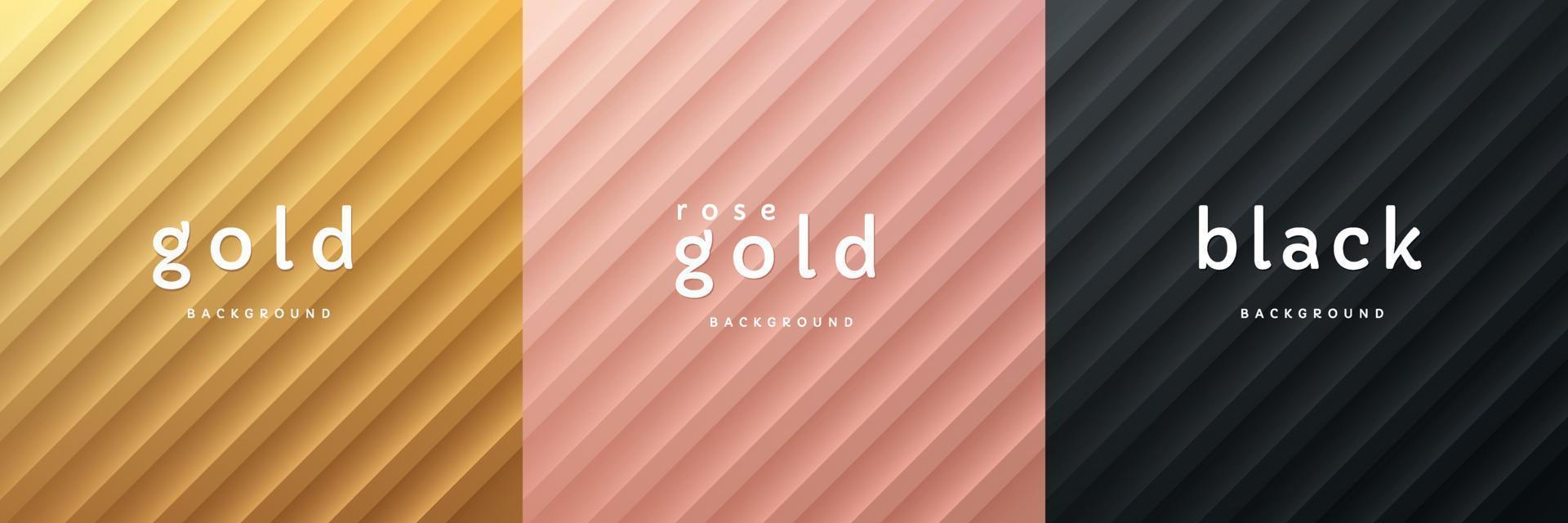 Set of abstract 3d gold, pink gold and black with diagonal stripes texture background for product display presentation. Collection of luxury geometric pattern background with copy space. Vector EPS10