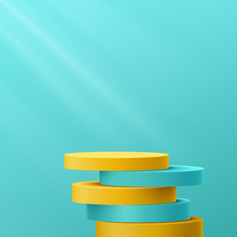 Yellow and blue green cylinder pedestal podium overlap with shadow. Light blue minimal wall scene with window lighting. Vector rendering 3d shape for product display presentation. Abstract room style.