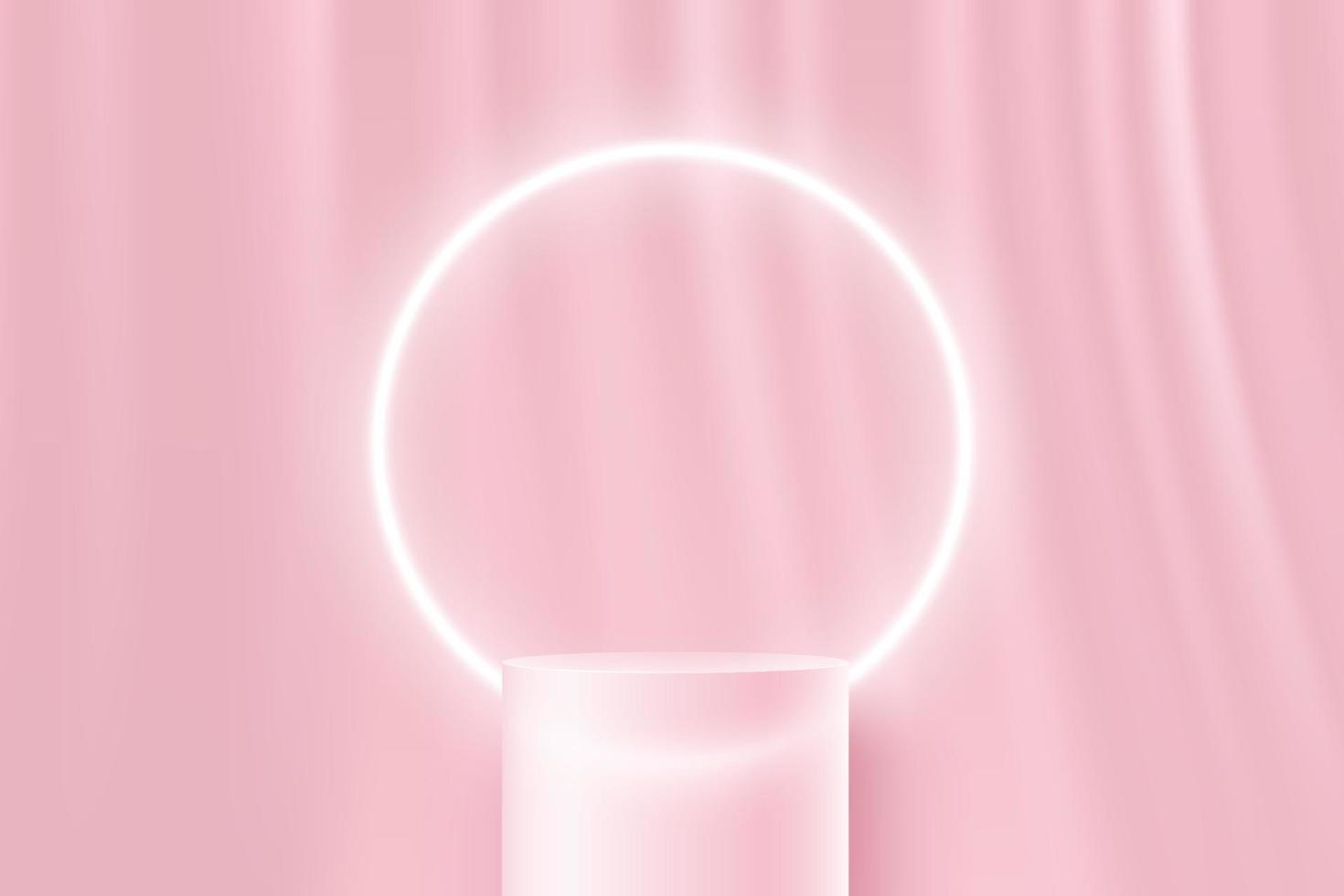 Transparent glass cylinder pedestal podium. Minimal sweet pink wall scene and glowing neon circular shape. Vector rendering 3d shape for product display presentation. Abstract room concept.