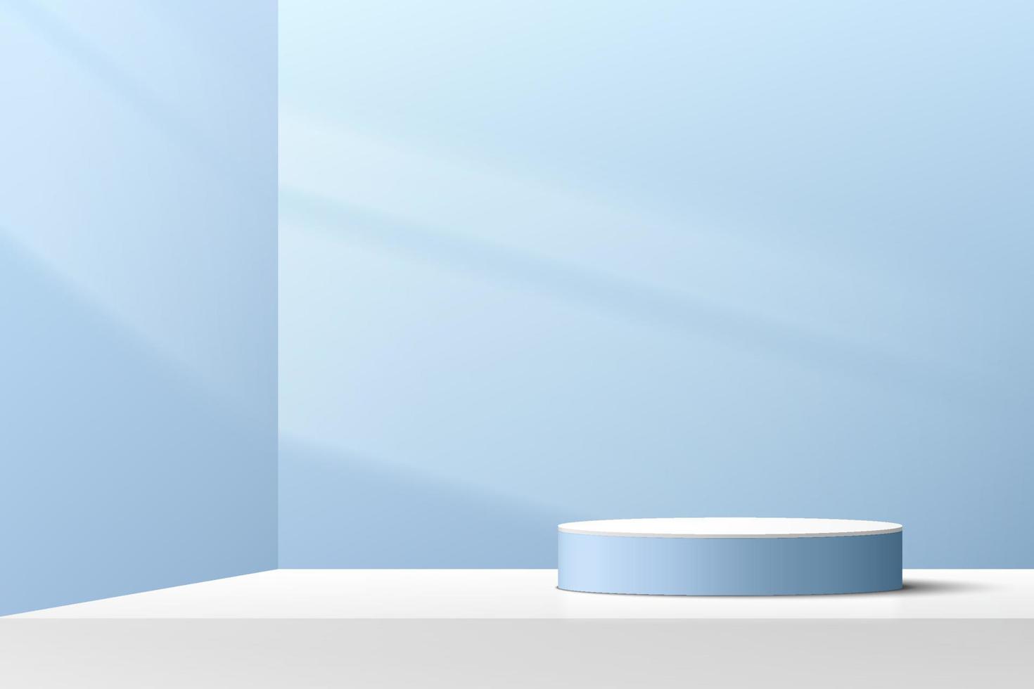 Abstract white and light blue cylinder platform podium. Window lighting. Pastel minimal wall scene. Vector rendering 3d shape for Product display presentation. Geometric pedestal with shadow.