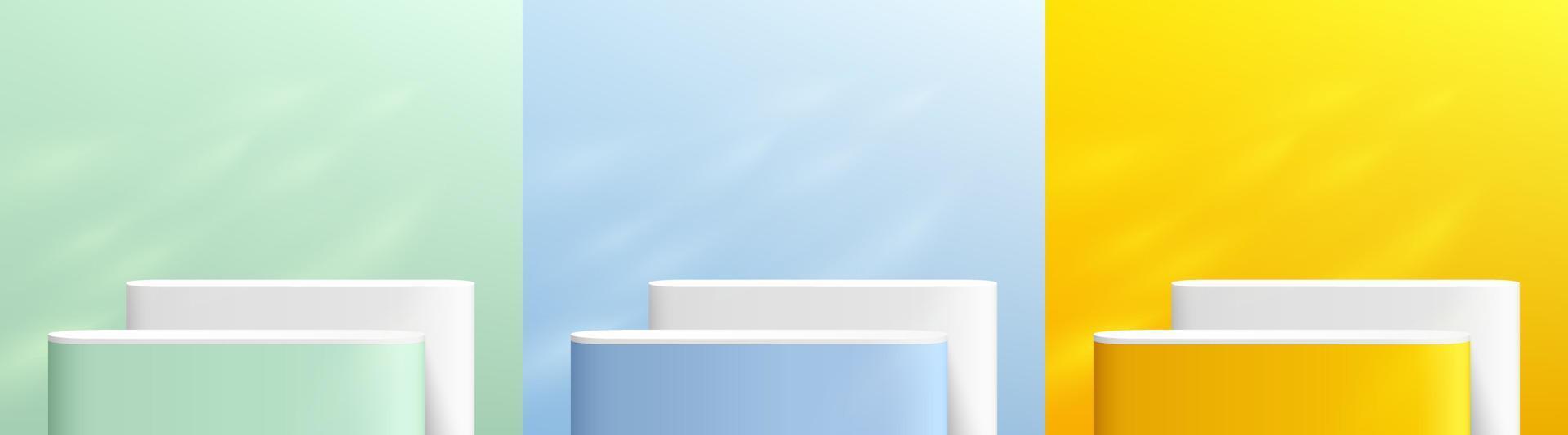 Set of abstract yellow, blue, green and white round corner platform podium. Window lighting. Pastel minimal wall scene collection design. Vector rendering 3d shape for product display presentation.