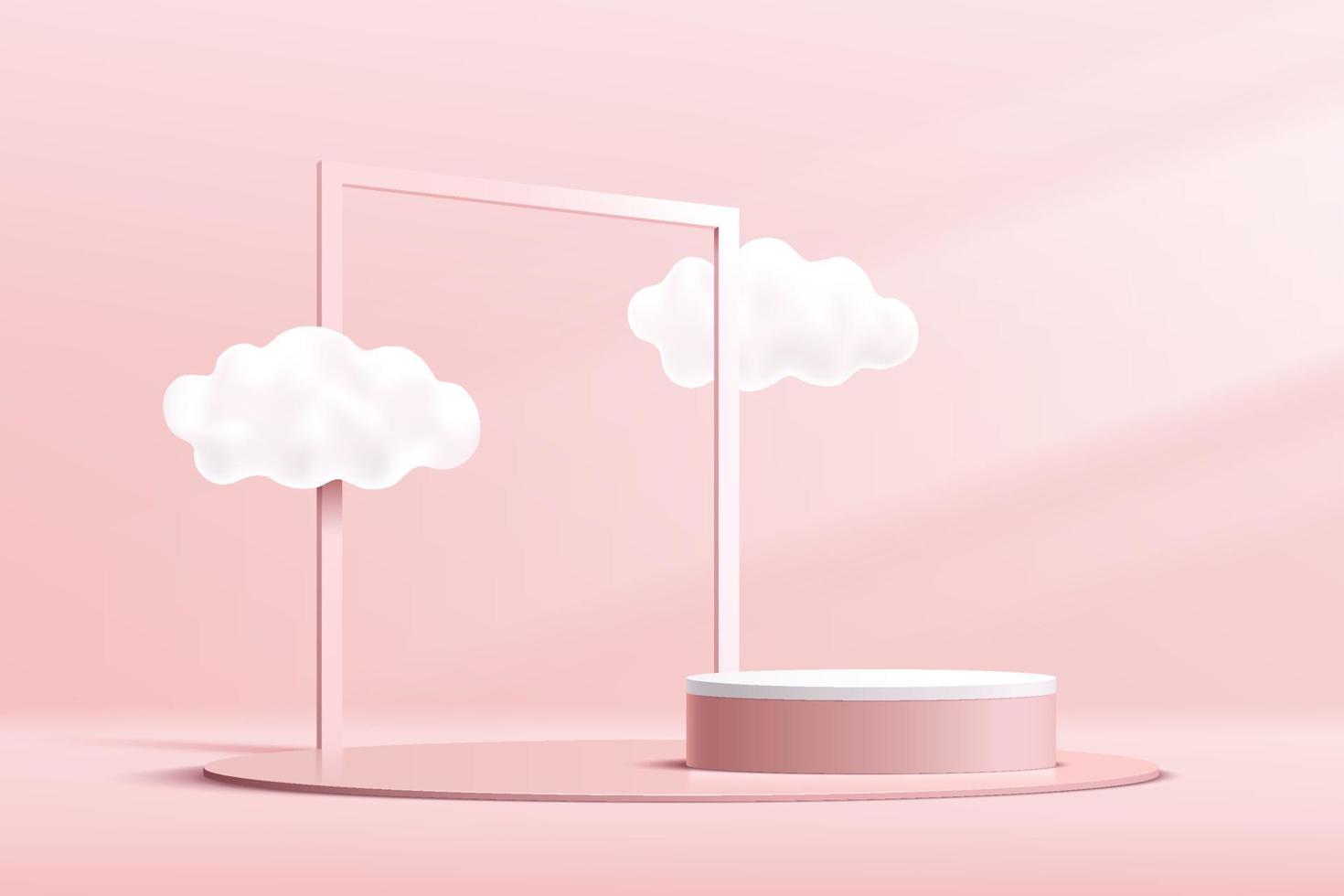 Abstract 3D pink and white cylinder pedestal podium with cloud sky and geometric square frame. Pastel pink minimal wall scene. Vector rendering geometric platform for product display presentation.