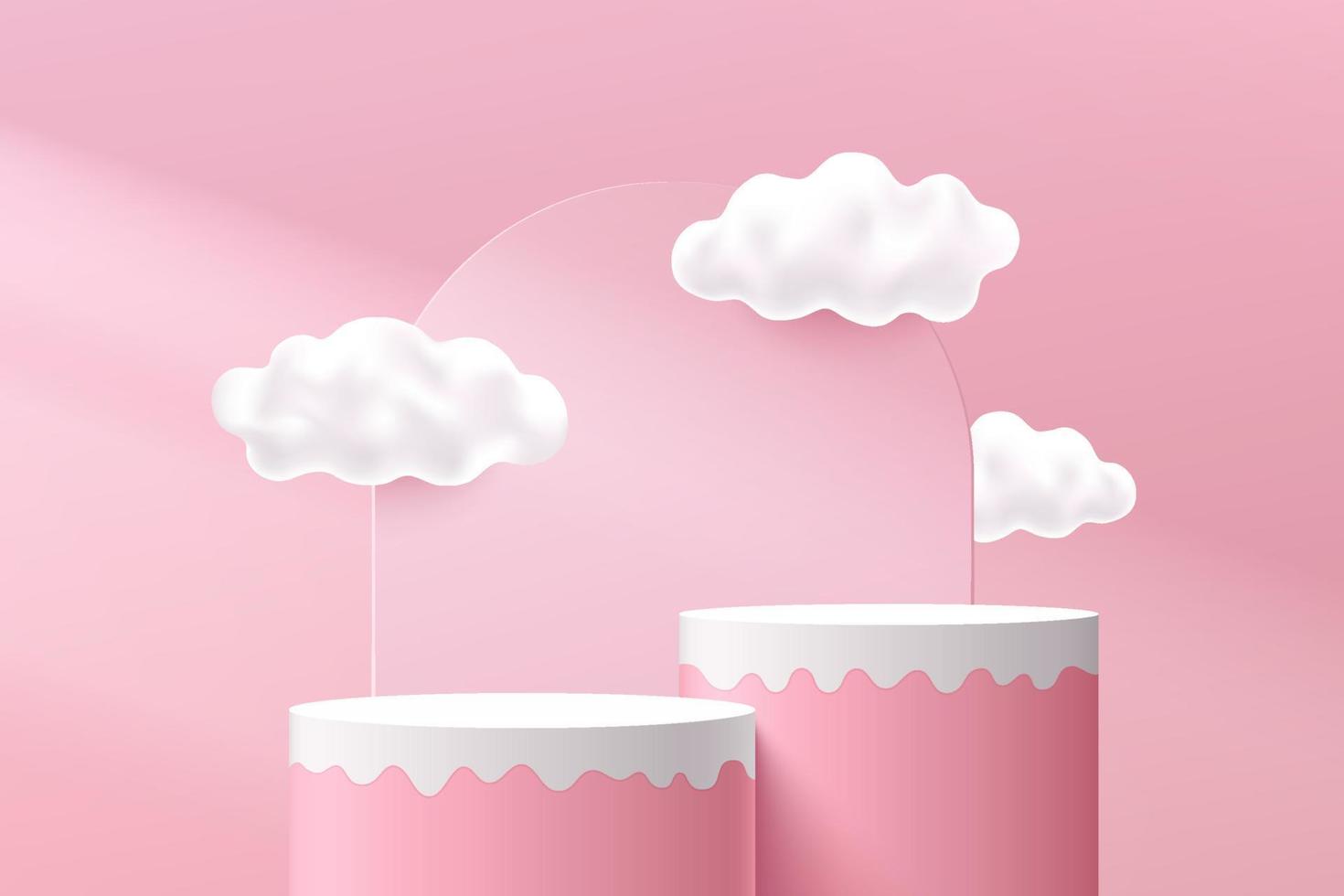 Abstract 3D pink, white fluid cylinder pedestal podium with cloud sky and arch geometric backdrop. Pastel pink minimal scene. Vector rendering geometric platform for product display presentation.