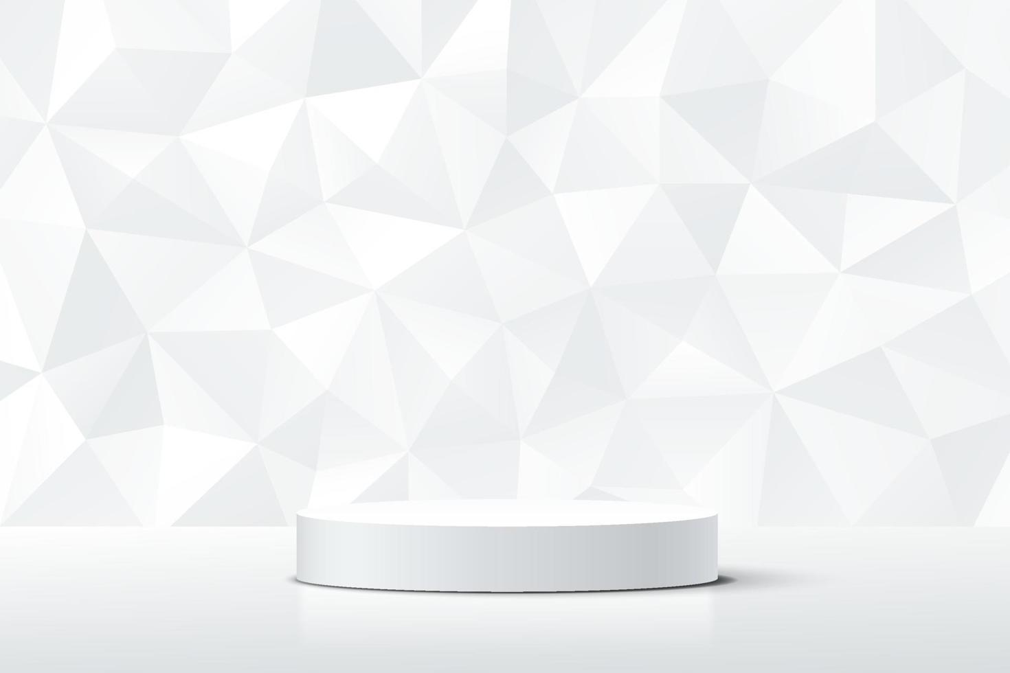 Abstract 3D white cylinder pedestal podium with white diamond texture wall scene. Low polygon background. Vector rendering minimal geometric platform design for luxury product display presentation.