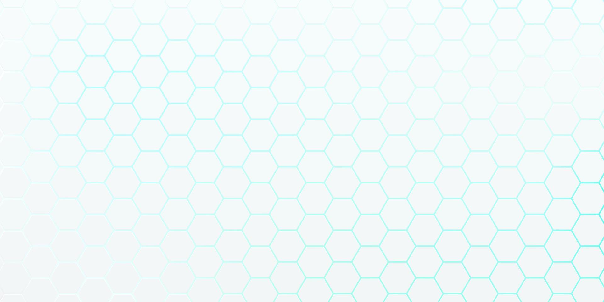 White hexagon pattern on blue, green neon color abstract background in technology style. Modern futuristic geometric shape  banner design. You can use for cover template, poster. Vector illustration